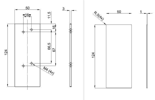 Afmetingen montageplaten-deuropvanger 1600 voor volledig glazen deuren voor verlijming